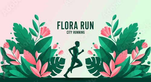 Flora Run: Urban Runner Amidst Lush Floral Greenery, City Running and Fitness Concept