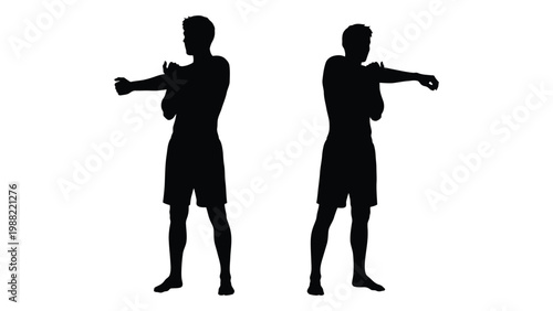 Two silhouetted figures demonstrate a dynamic shoulder stretch exercise against a white background