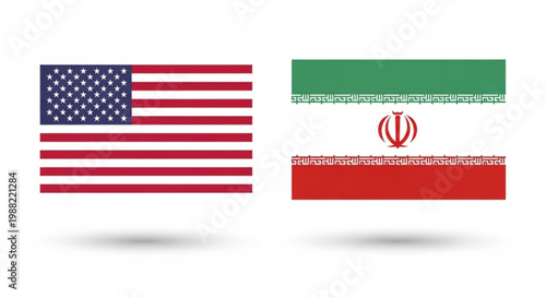 American and iranian flags side by side on white background with shadows