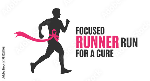 Focused Runner in Silhouette Running For a Cure Using the Ribbon
