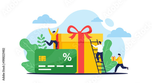 Gift Box And Credit Card Illustration Depicting Online Shopping And Promotional Offers