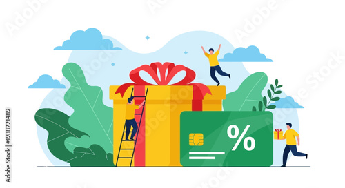 Gift Box, Percentage Card, Celebrating People, and Modern Nature Visual Illustration