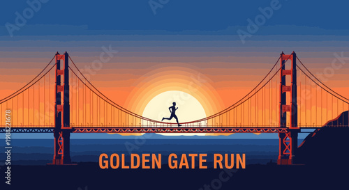 Golden Gate Bridge Runner Illuminated In Front Of A Bright Sunset Scenery View