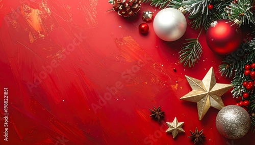 Festive holiday arrangement. Christmas ornaments and evergreen branches scattered on textured red background. Shiny baubles and star accents