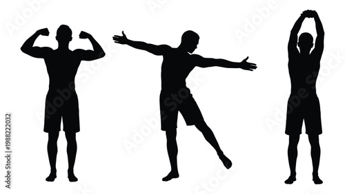 Silhouette series depicting a man in three different dynamic exercise poses