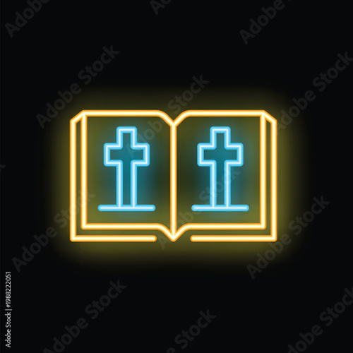 Neon bible with crosses is shining in the dark, representing faith and religion