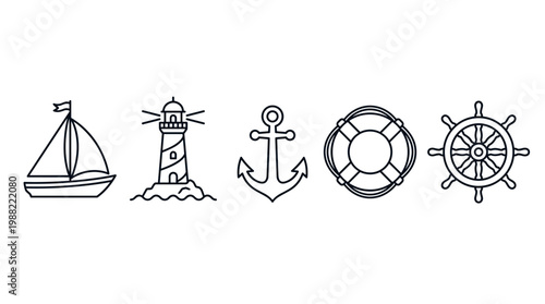 Nautical marine sea voyage travel adventure icons in a simple black line art style, depicting various maritime elements like a sailboat, lighthouse, anchor, lifebuoy, and ship's wheel.