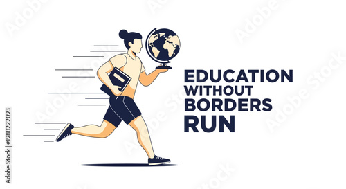 Global Education Concept: Student Running with World and Textbook, No Borders of Learning
