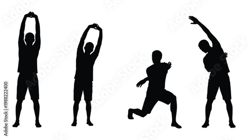 Silhouettes of people demonstrating different stretching and exercise poses against a white background
