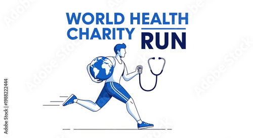 Global Health Charity Run Illustration Depicting Healthy Lifestyle and Worldwide Healthcare Support