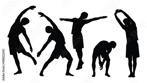 Silhouettes of people stretching and exercising showcasing dynamic movement and physical activity