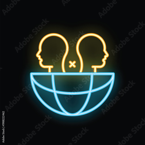 Neon glow icon of two people separated with an x over a world globe, symbolizing global disconnection