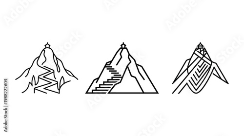 Minimalist Mountain Icons with Paths and Stairways