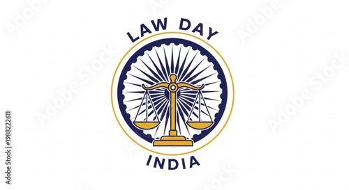 Law Day India emblem featuring scales of justice and Ashoka Chakra symbolizing legal system and national pride vector illustration