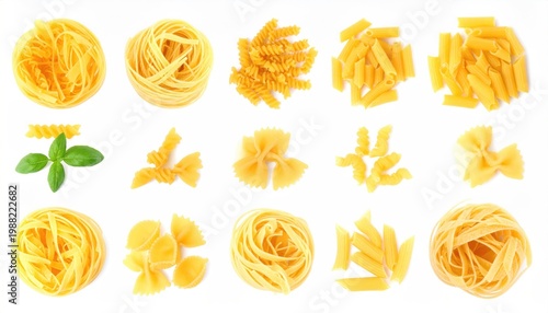 Set of different pasta types on white background, top view