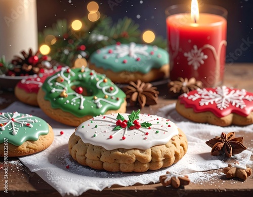 Festive holiday image of frosted cookies, lit candle, pine sprigs, and scattered spices on a wooden surface, with bokeh background