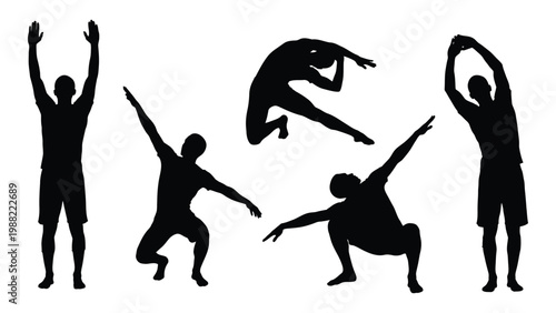 Silhouettes of people in various dynamic stretching and yoga poses against a white background