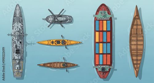 Collection of various watercraft from a top down perspective.