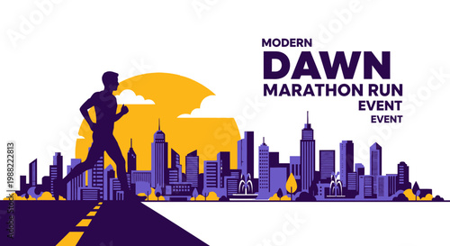 Graphic Illustration Depicting a Runner Silhouette Against a Cityscape During Sunrise