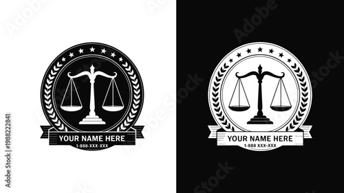 Vintage justice scales emblem logo design in black and white style