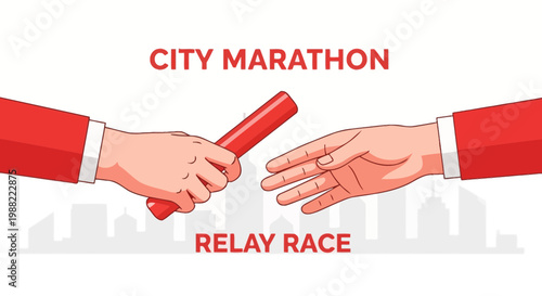 Graphic Illustration Depicting City Marathon Relay Race and Teamwork Symbolism