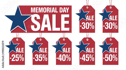Memorial day sale promotional banners with patriotic stars and discount labels