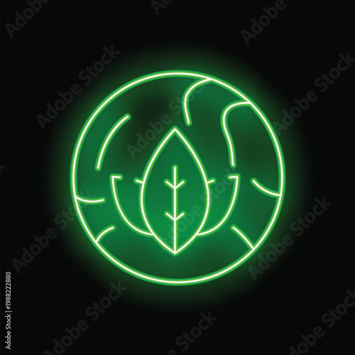 Green neon sign depicting environmental awareness with a leaf at the center
