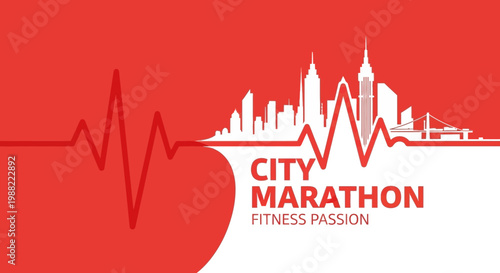 Graphic Illustration Depicting City Marathon With Heartbeat Visual and Urban Skyline