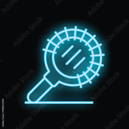 Blue neon sign of a bar tool for cocktail making glowing on a black wall