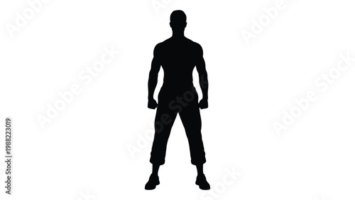 A stark silhouette of a muscular man standing confidently against a white background