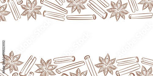 Cinnamon sticks and star anise in line art style decorative border for packaging, recipe card, menu, invitations and seasonal baking or spice themed design.