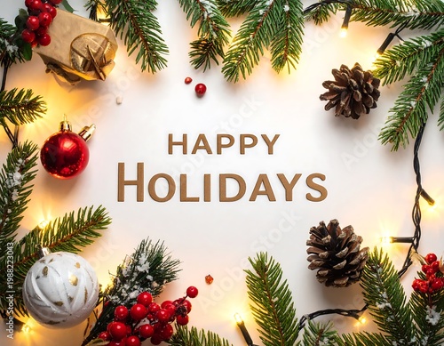 Festive holiday greeting, featuring evergreen boughs, lights, ornaments, pinecones, berries, and a wrapped gift on a white background