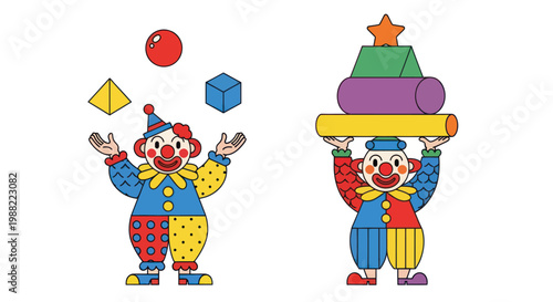 Two clowns performing juggling and balancing acts