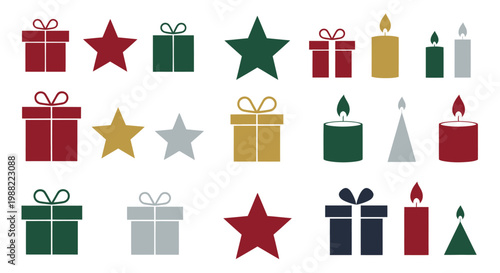Set of Christmas gift boxes stars and candles flat icons isolated on white background