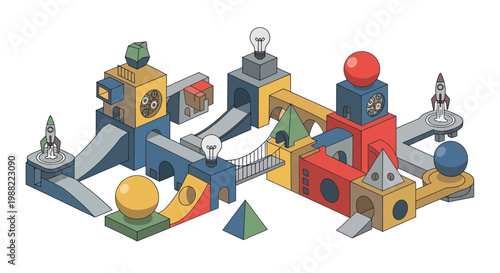 Creative building blocks for an imaginary world with rockets and lightbulbs.