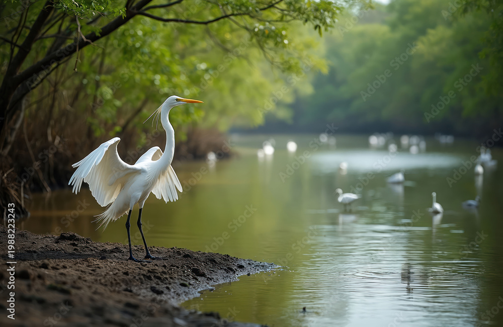 Naklejka premium Great egret bird stands with wings spread on wet shore near calm green water. Other white birds swim in pond surrounded by lush trees. Peaceful natural scene.
