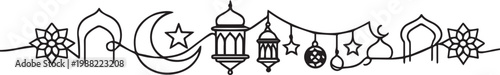 Continuous Single-Line Minimalist Black Vector Illustration of Ramadan Kareem and Eid Mubarak Festive Islamic Geometric Ornament with Crescent Moon Lanterns Stars and Arches