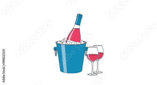 Chilled bottle of rose wine in a blue ice bucket with two glasses on white background