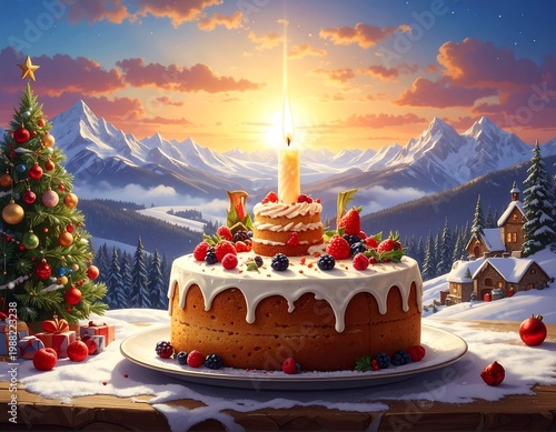 Festive holiday scene with a layered cake topped with berries and a lit candle. Snowy mountains and a decorated tree are in the background