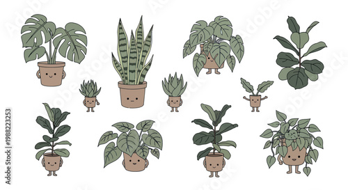 Cute hand drawn indoor potted plant characters with happy faces on a white background