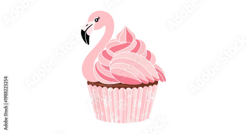 Pink flamingo cupcake vector illustration with sweet frosting isolated on white background