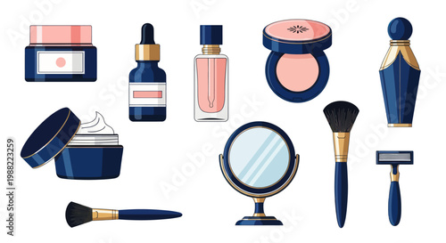 Collection of luxury cosmetic products and beauty care tools isolated on white background