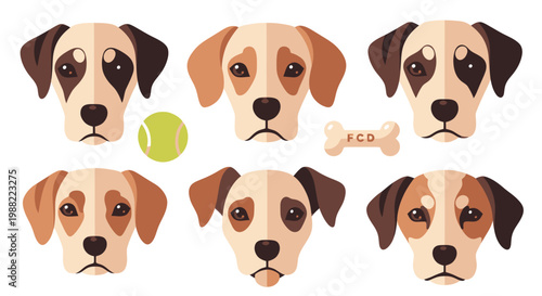Collection of flat vector dog head icons with a bone and tennis ball