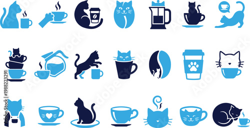 Set of blue cat and coffee icons, playful animals and hot beverages on white.