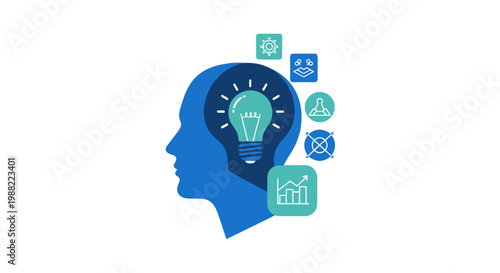 Human head with a bright lightbulb and business strategy icons.