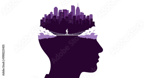 Man walking on bridge in silhouette of head, representing mental journey and creative thinking.