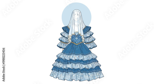 Illustration of a person in a blue ruffled Victorian-style dress with a veil