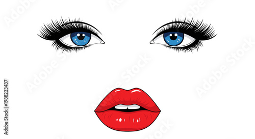 Stylized blue eyes and glossy red lips with dramatic eyelashes.