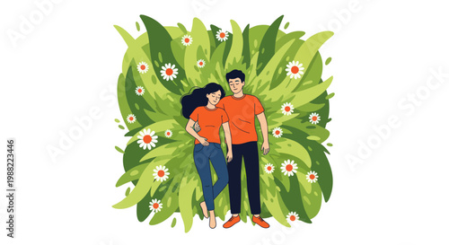 A young couple finds tranquility amidst vibrant green nature.