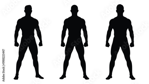 Three male silhouettes standing in a row facing forward with fists clenched